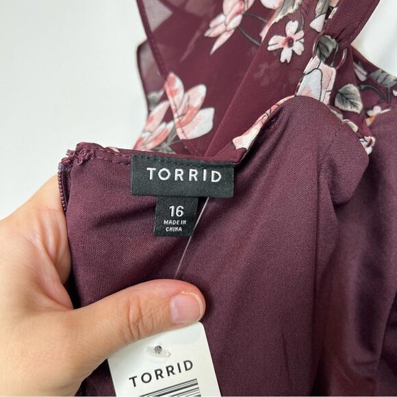 Torrid Womens Size 16 Burgundy Floral Cold Shoulder Ruffle Dress NEW Longsleeve - Picture 11 of 14